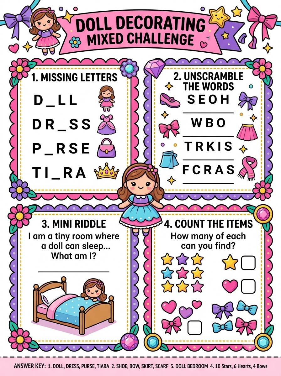 Doll Decorating Mixed Challenge — combination page with missing letters, unscramble, riddle and count sections